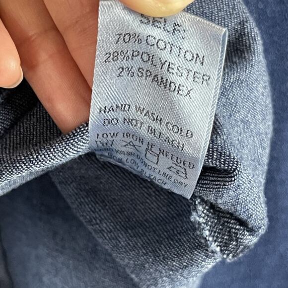 Aaron & Amber Denim Top Womens Large Blue Puff Sleeve Tie Neck Snap Button Heavy - Picture 8 of 16